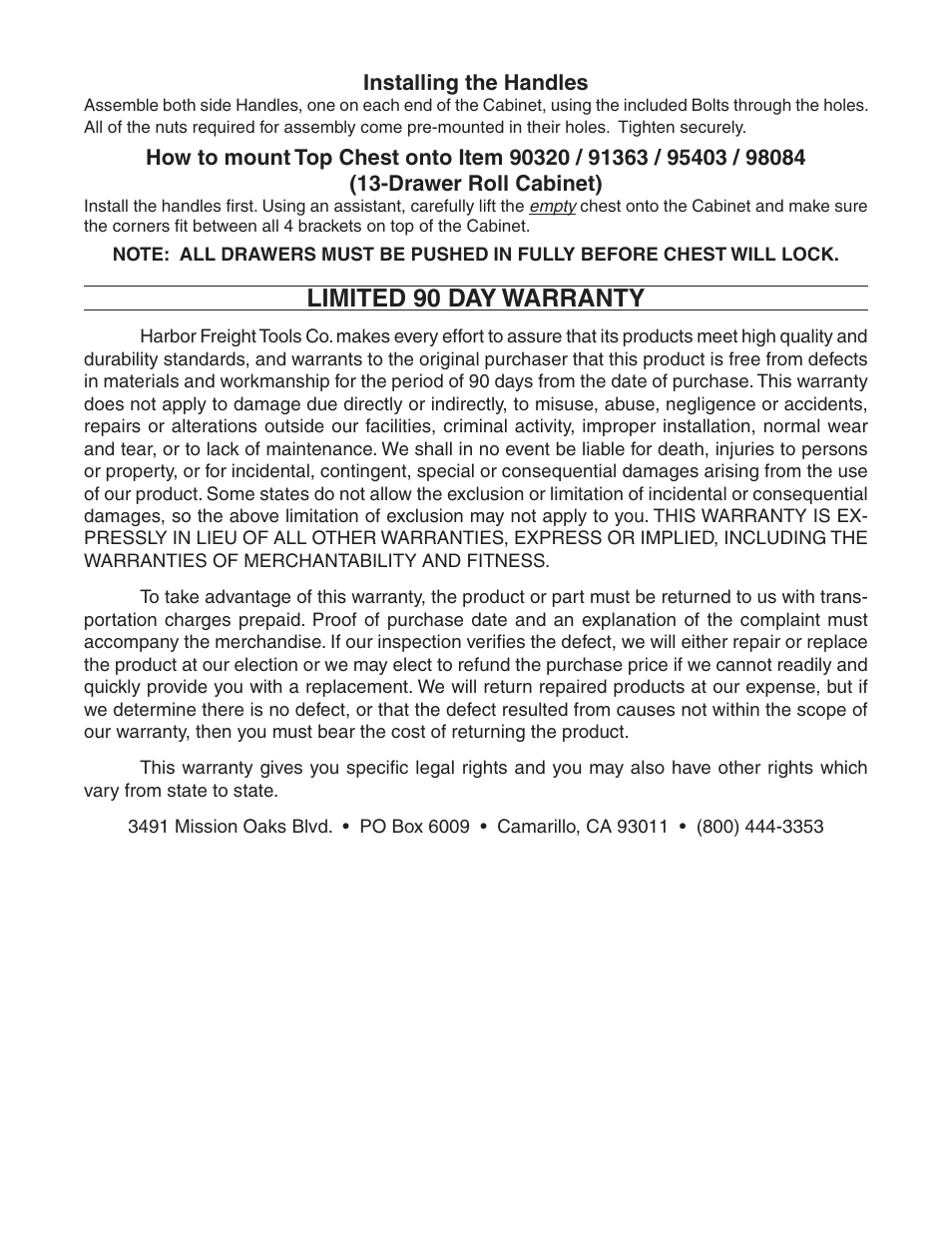 Limited 90 day warranty | Harbor Freight Tools 92099 User Manual | Page 2 / 2