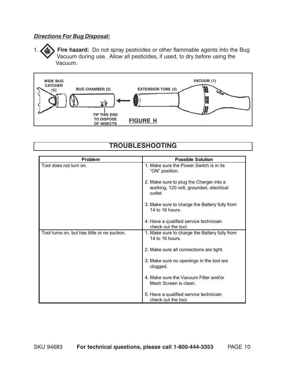 Troubleshooting, Directions for bug disposal | Harbor Freight Tools 94683 User Manual | Page 10 / 12