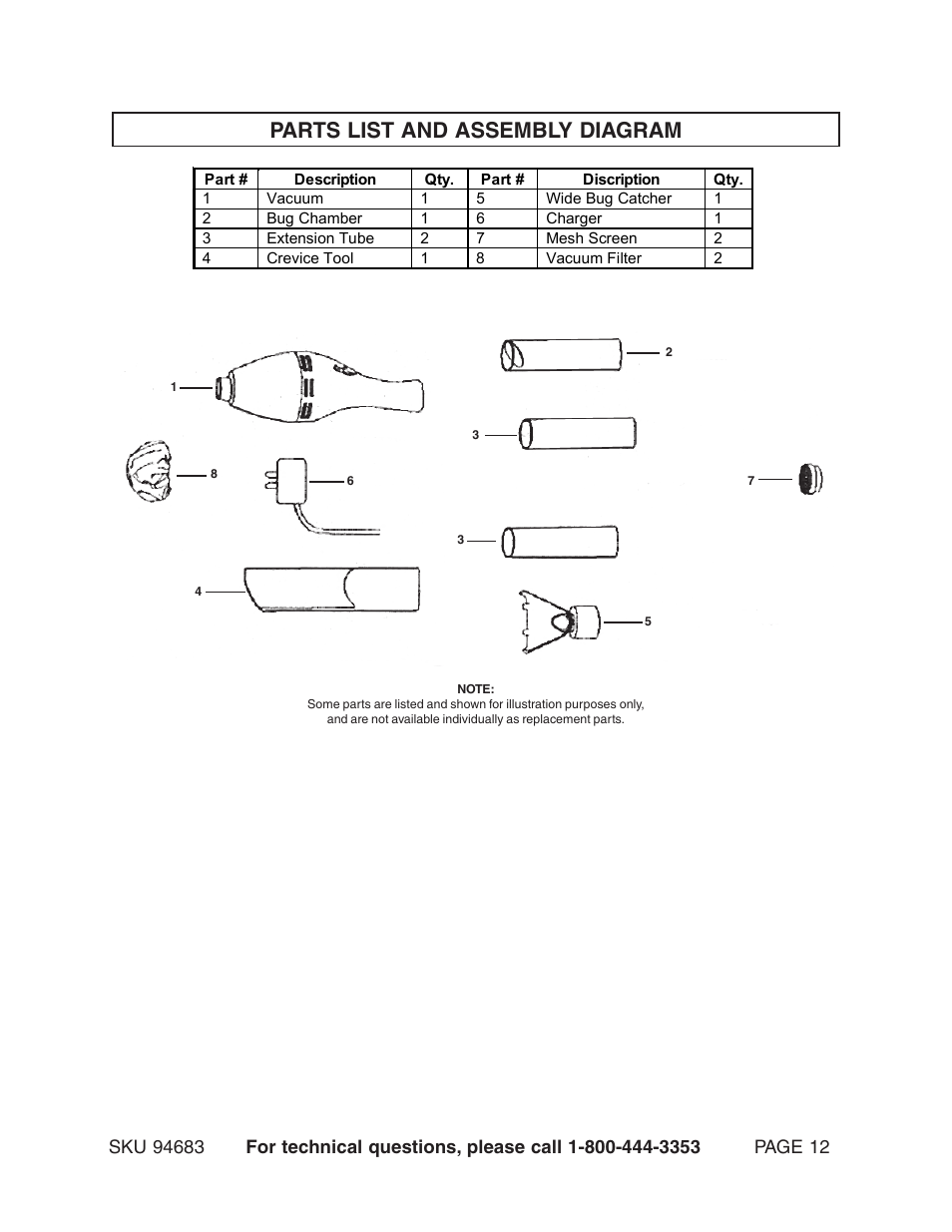 Parts list and assembly diagram | Harbor Freight Tools 94683 User Manual | Page 12 / 12