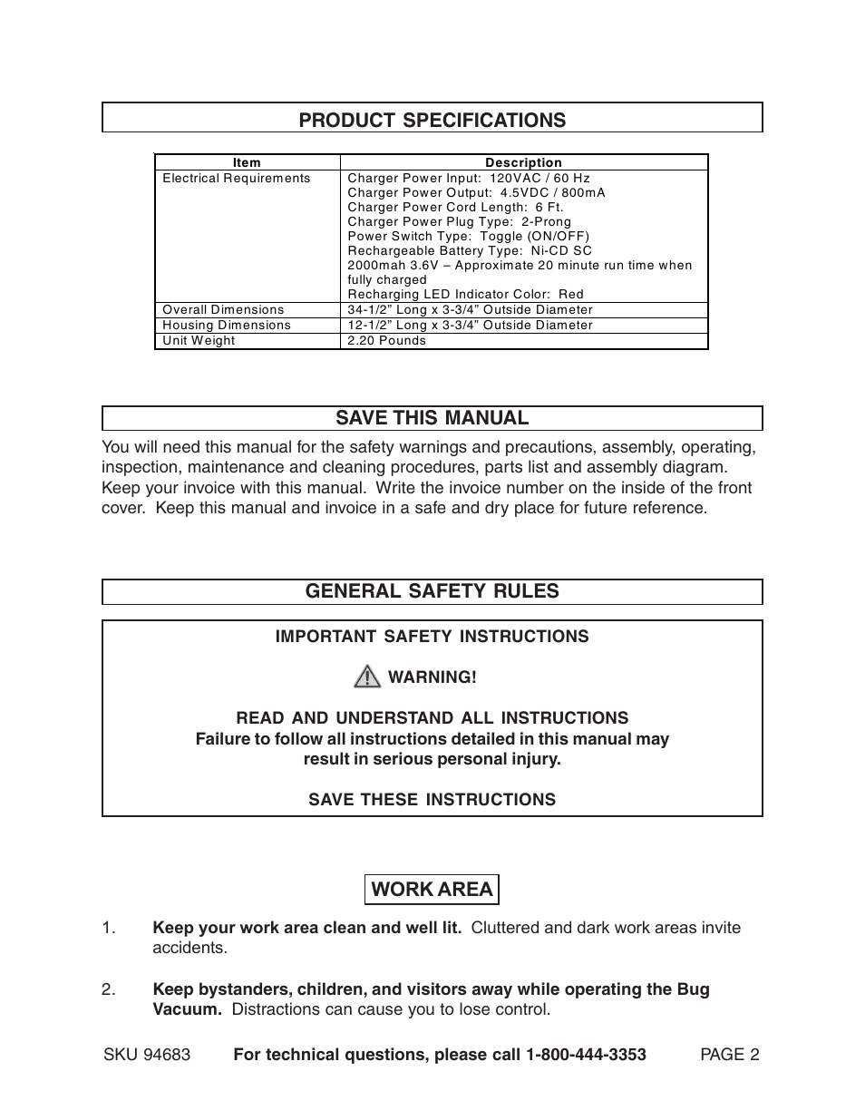 Product specifications save this manual, General safety rules, Work area | Harbor Freight Tools 94683 User Manual | Page 2 / 12