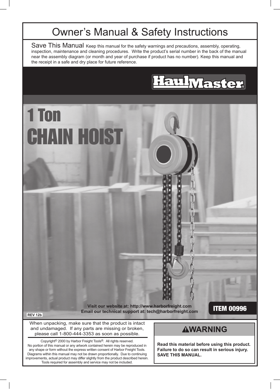 Harbor Freight Tools HaulMaster 1 Ton CHAIN HOIST 996 User Manual | 12 pages