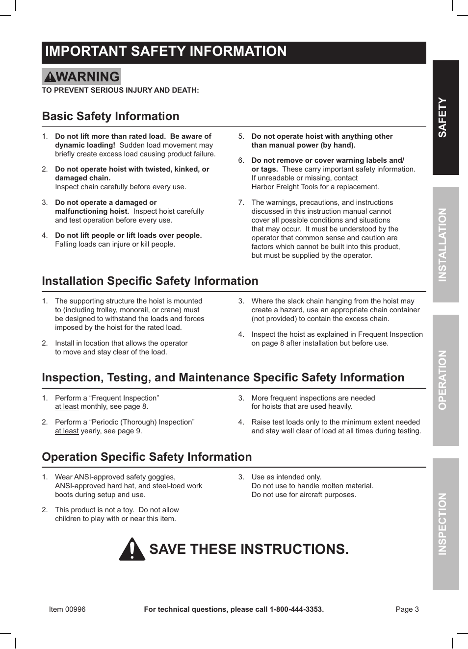 Important safety information, Save these instructions, Basic safety information | Installation specific safety information, Operation specific safety information, Safety opera tion inspection inst alla tion | Harbor Freight Tools HaulMaster 1 Ton CHAIN HOIST 996 User Manual | Page 3 / 12