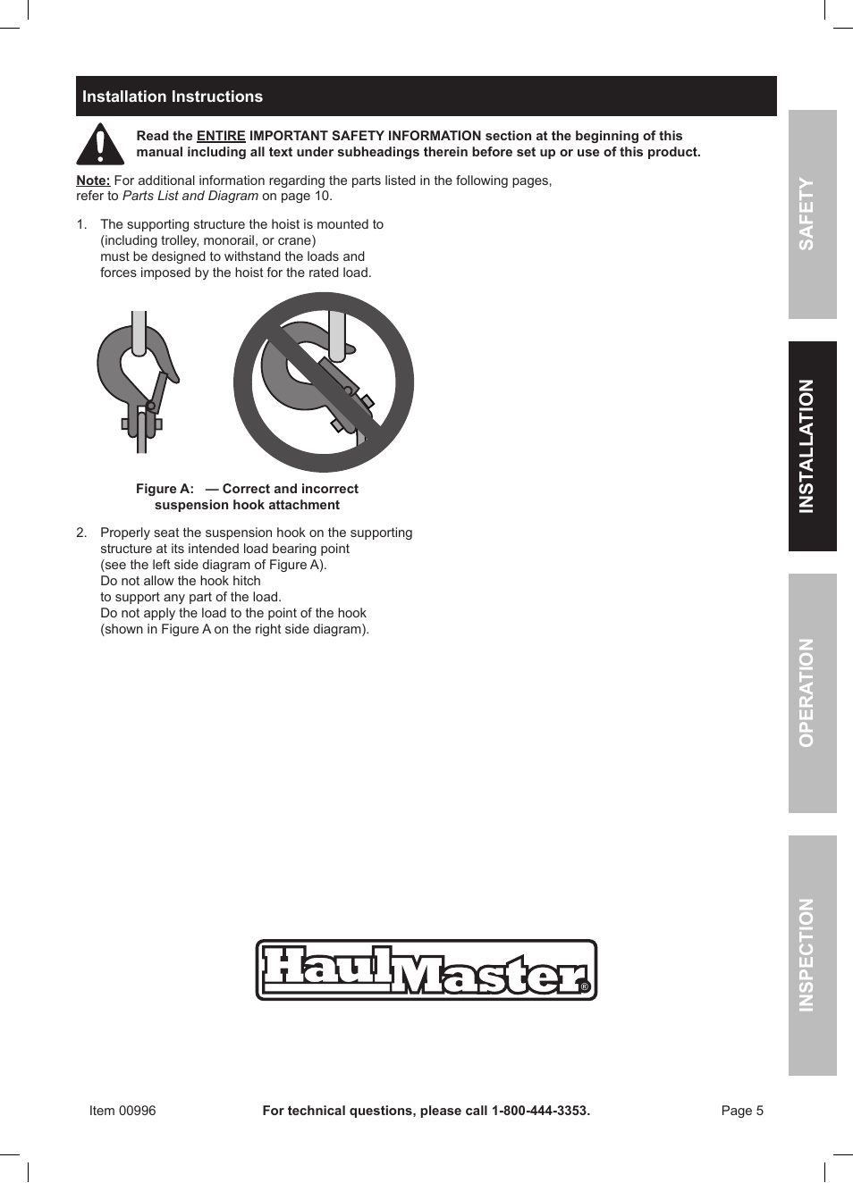Safety opera tion inspection inst alla tion | Harbor Freight Tools HaulMaster 1 Ton CHAIN HOIST 996 User Manual | Page 5 / 12