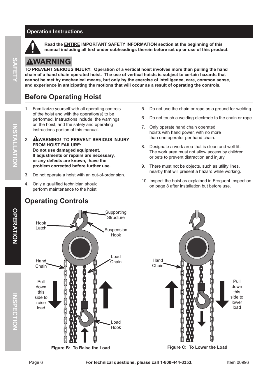 Before operating hoist, Operating controls, Safety opera tion inspection inst alla tion | Harbor Freight Tools HaulMaster 1 Ton CHAIN HOIST 996 User Manual | Page 6 / 12