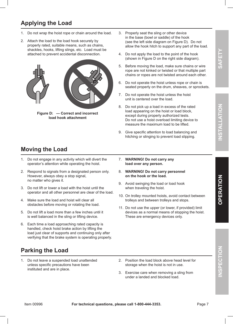 Applying the load, Moving the load, Parking the load | Safety opera tion inspection inst alla tion | Harbor Freight Tools HaulMaster 1 Ton CHAIN HOIST 996 User Manual | Page 7 / 12