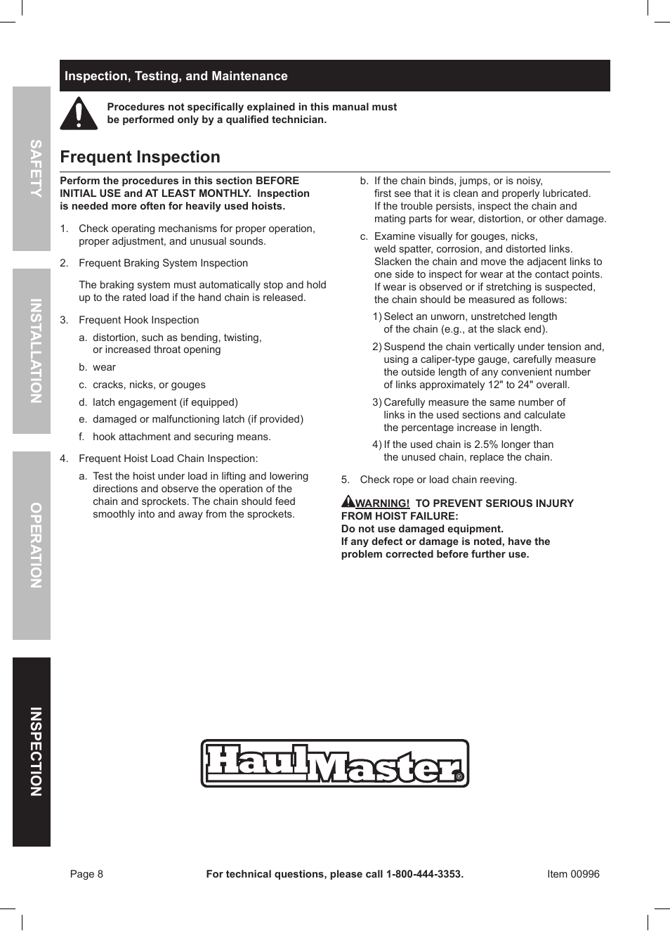 Frequent inspection, Safety opera tion inspection inst alla tion | Harbor Freight Tools HaulMaster 1 Ton CHAIN HOIST 996 User Manual | Page 8 / 12