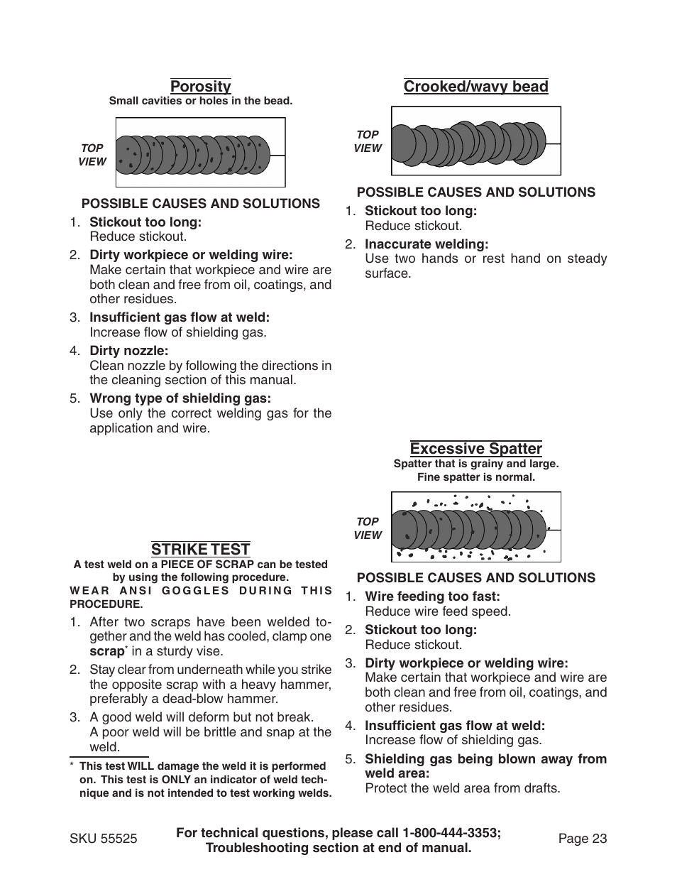 Crooked/wavy bead, Porosity, Excessive spatter | Strike test | Harbor Freight Tools 55525 User Manual | Page 23 / 33