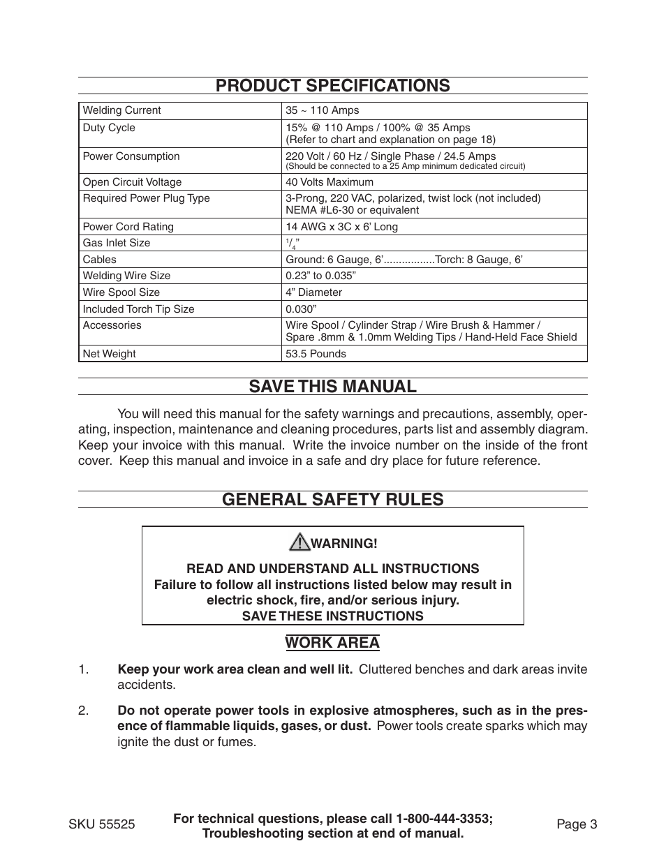 Product specifications, Save this manual, General safety rules | Work area | Harbor Freight Tools 55525 User Manual | Page 3 / 33