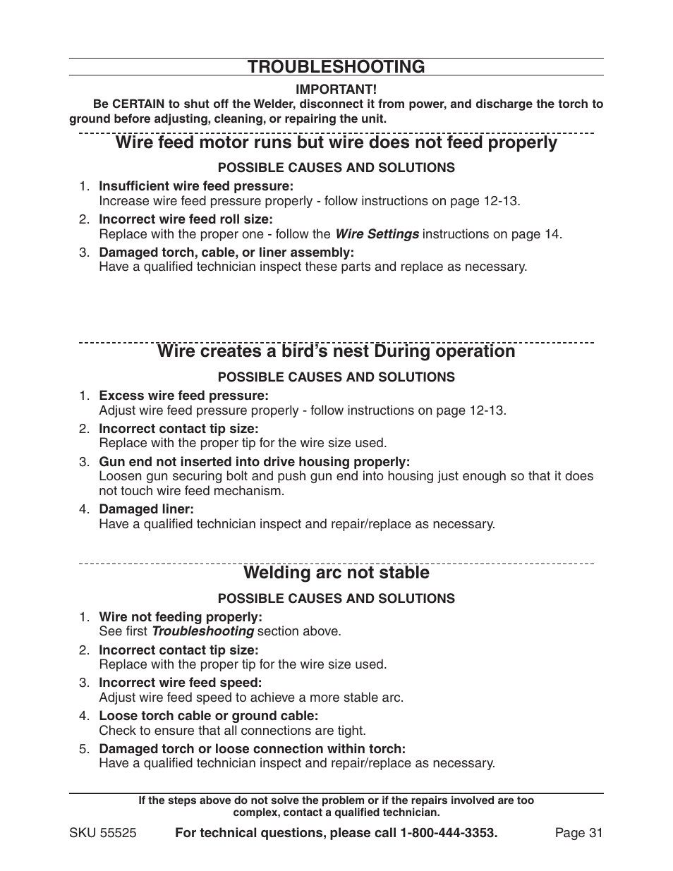 Wire creates a bird’s nest during operation, Welding arc not stable | Harbor Freight Tools 55525 User Manual | Page 31 / 33