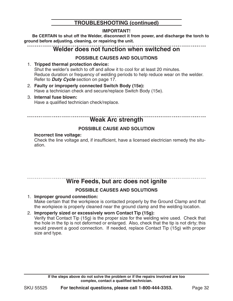 Welder does not function when switched on, Weak arc strength, Wire feeds, but arc does not ignite | Harbor Freight Tools 55525 User Manual | Page 32 / 33