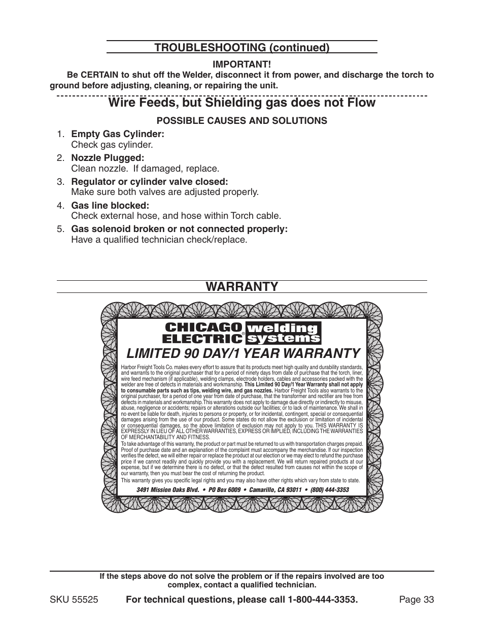 Limited 90 day/1 year warranty, Wire feeds, but shielding gas does not flow, Warranty | Troubleshooting (continued) | Harbor Freight Tools 55525 User Manual | Page 33 / 33