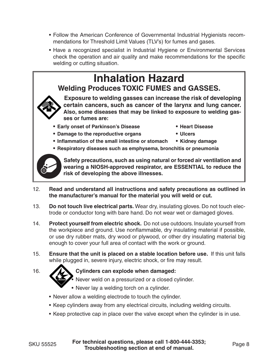 Inhalation hazard, Welding produces toxic fumes and gasses | Harbor Freight Tools 55525 User Manual | Page 8 / 33