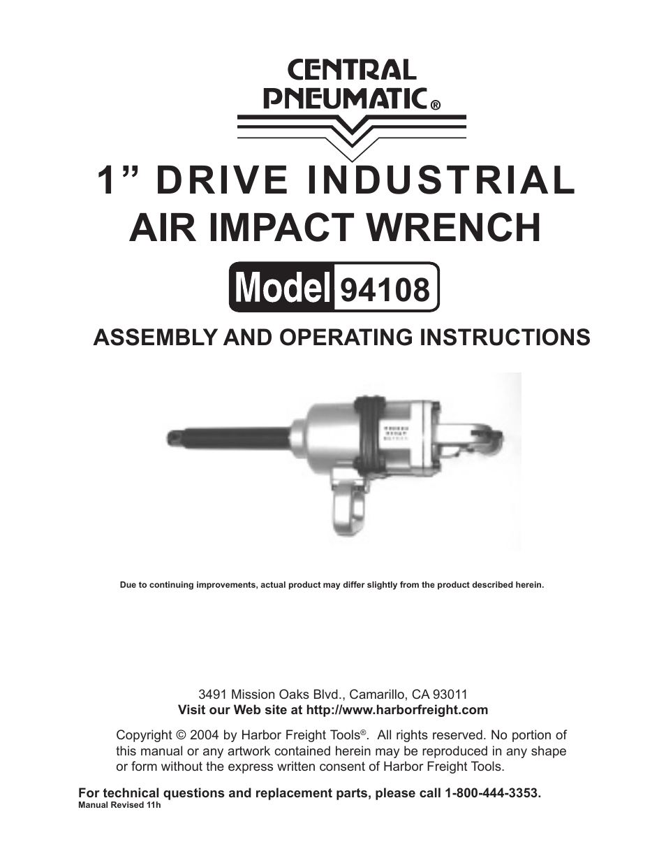 Harbor Freight Tools Central Pneumatic 1" Drive Industrial Air Impact Wrench 94108 User Manual | 10 pages