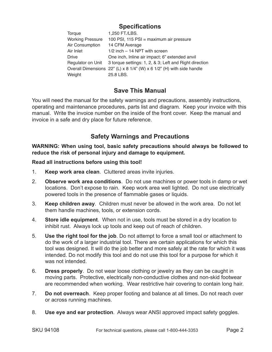 Specifications, Save this manual, Safety warnings and precautions | Harbor Freight Tools Central Pneumatic 1" Drive Industrial Air Impact Wrench 94108 User Manual | Page 2 / 10