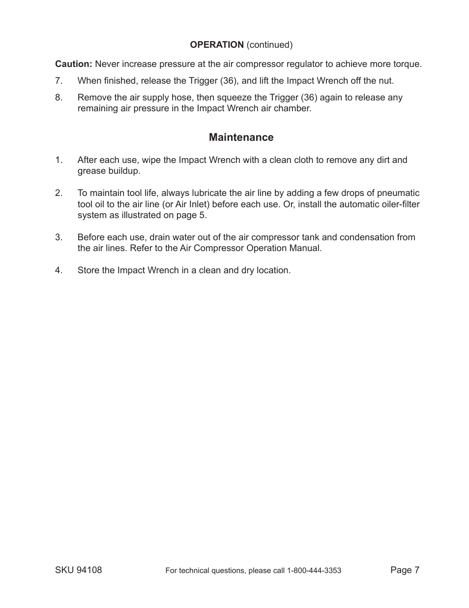 Harbor Freight Tools Central Pneumatic 1" Drive Industrial Air Impact Wrench 94108 User Manual | Page 7 / 10