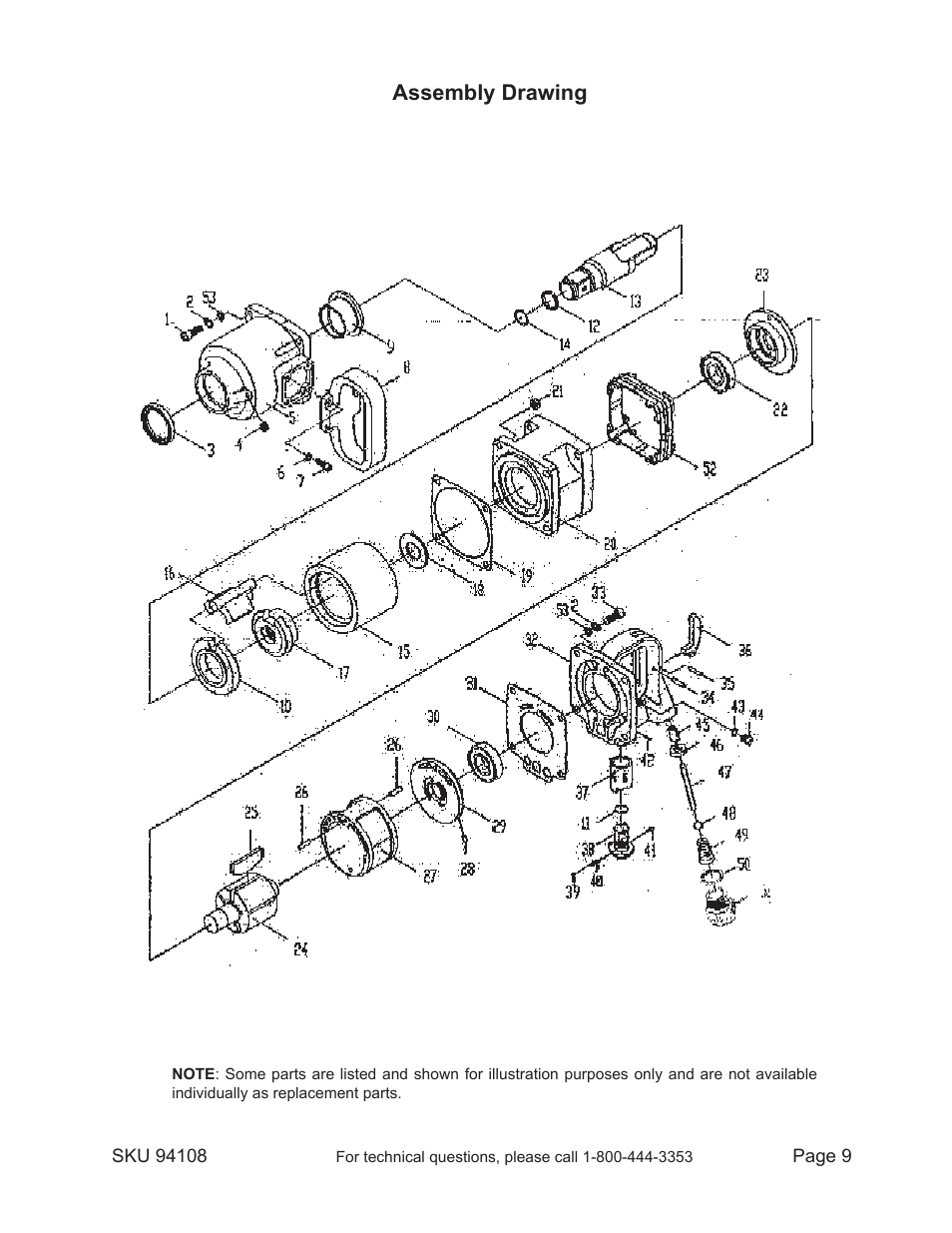 Assembly drawing | Harbor Freight Tools Central Pneumatic 1" Drive Industrial Air Impact Wrench 94108 User Manual | Page 9 / 10