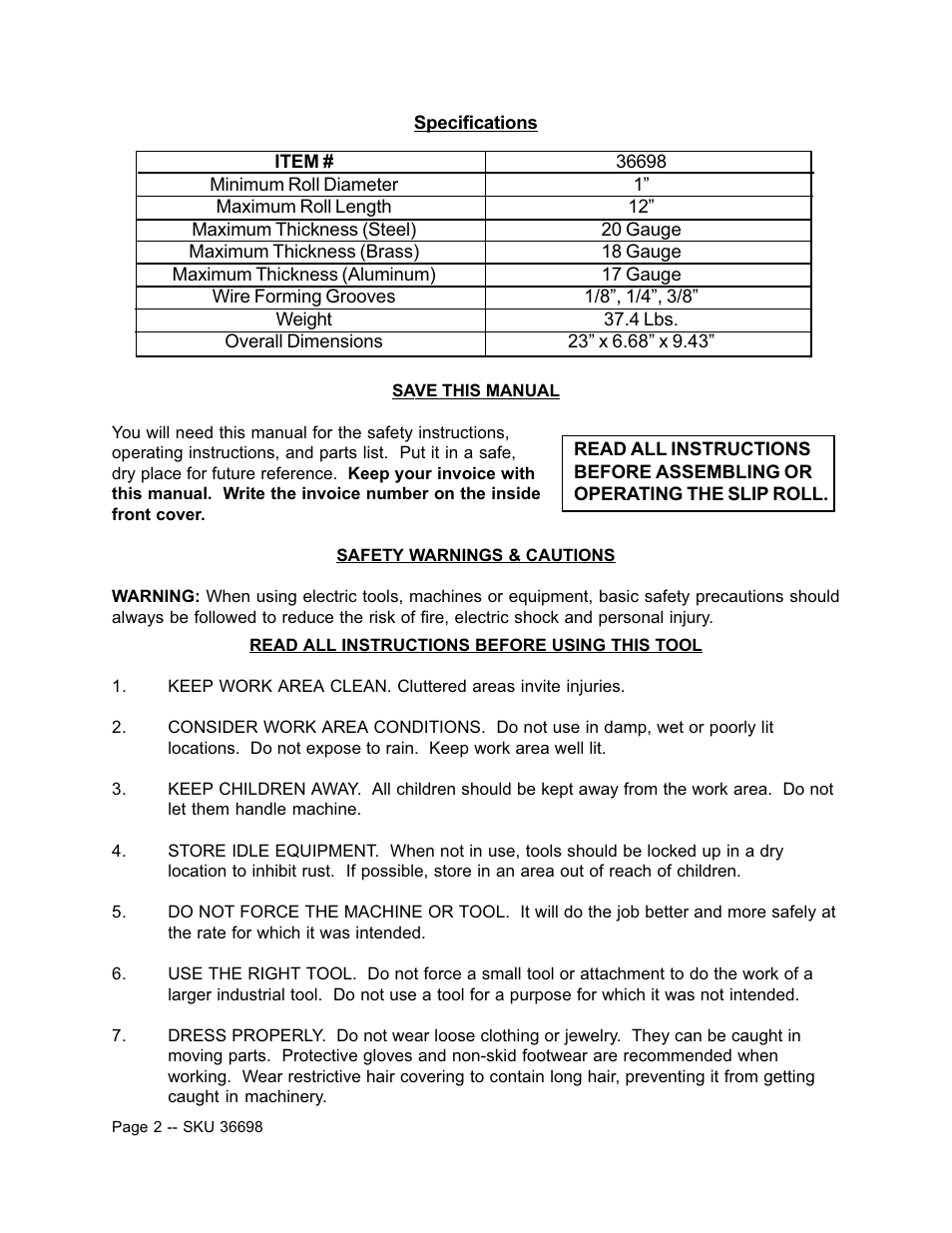 Harbor Freight Tools 36698 User Manual | Page 2 / 10