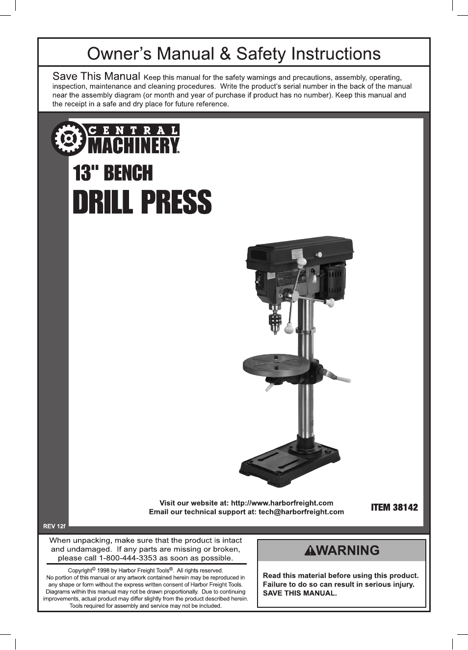 Harbor Freight Tools Central Machinery 13" Bench Drill Press 38142 User Manual | 16 pages