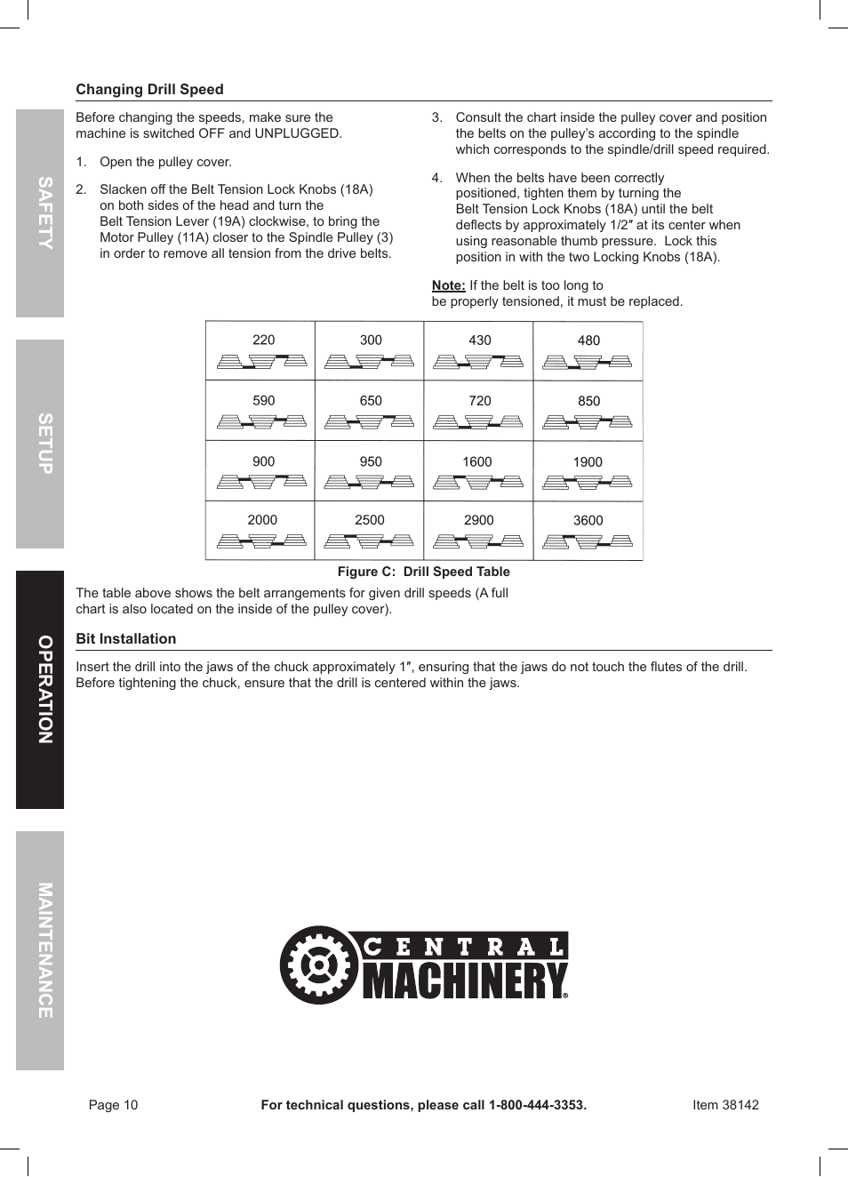 Safety opera tion maintenance setup | Harbor Freight Tools Central Machinery 13" Bench Drill Press 38142 User Manual | Page 10 / 16