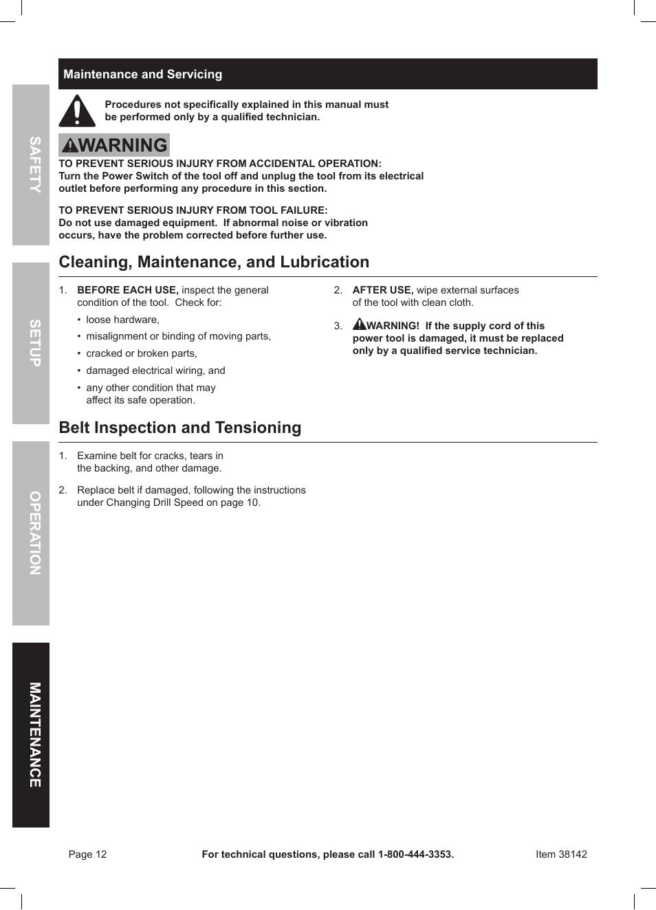 Cleaning, maintenance, and lubrication, Belt inspection and tensioning, Safety opera tion maintenance setup | Harbor Freight Tools Central Machinery 13" Bench Drill Press 38142 User Manual | Page 12 / 16