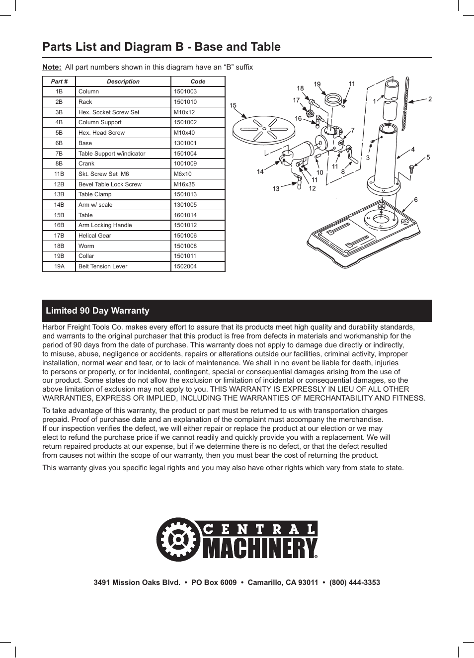 Parts list and diagram b - base and table, Limited 90 day warranty | Harbor Freight Tools Central Machinery 13" Bench Drill Press 38142 User Manual | Page 16 / 16