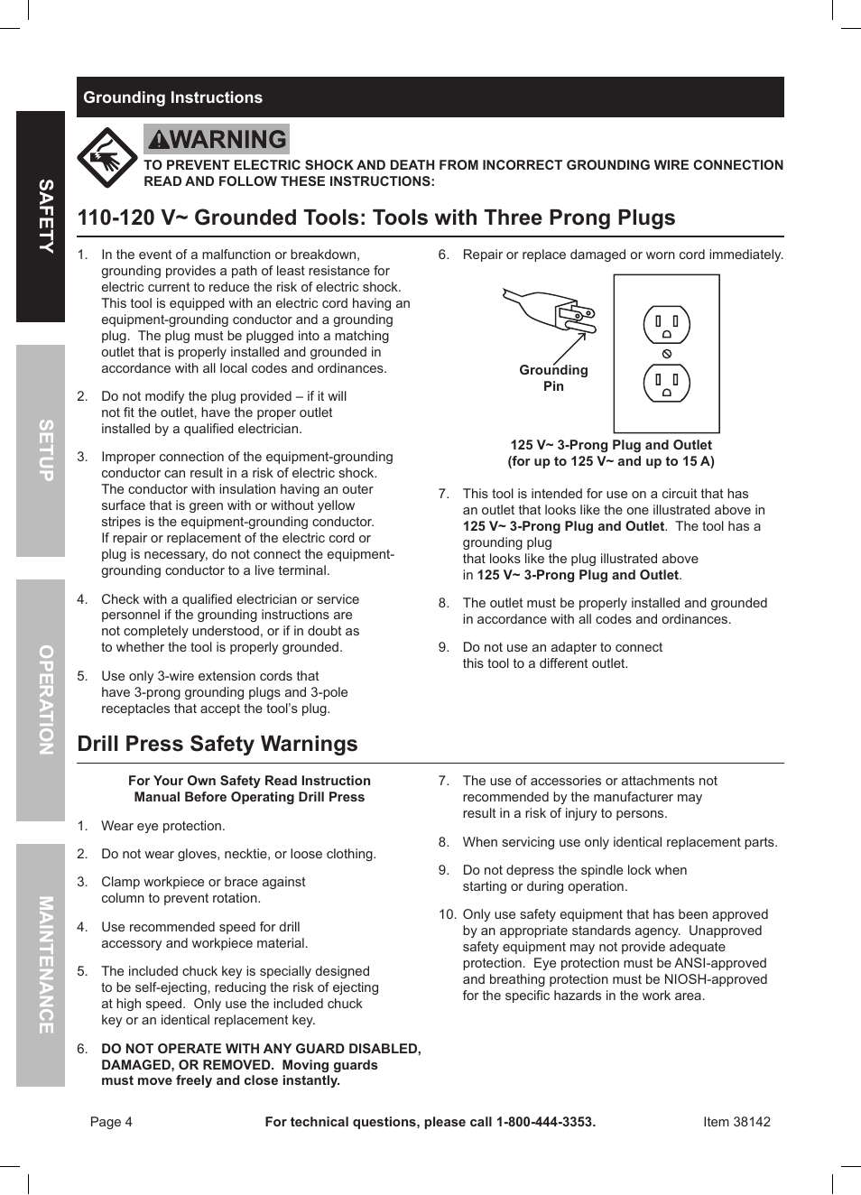 Drill press safety warnings, Safety opera tion maintenance setup | Harbor Freight Tools Central Machinery 13" Bench Drill Press 38142 User Manual | Page 4 / 16