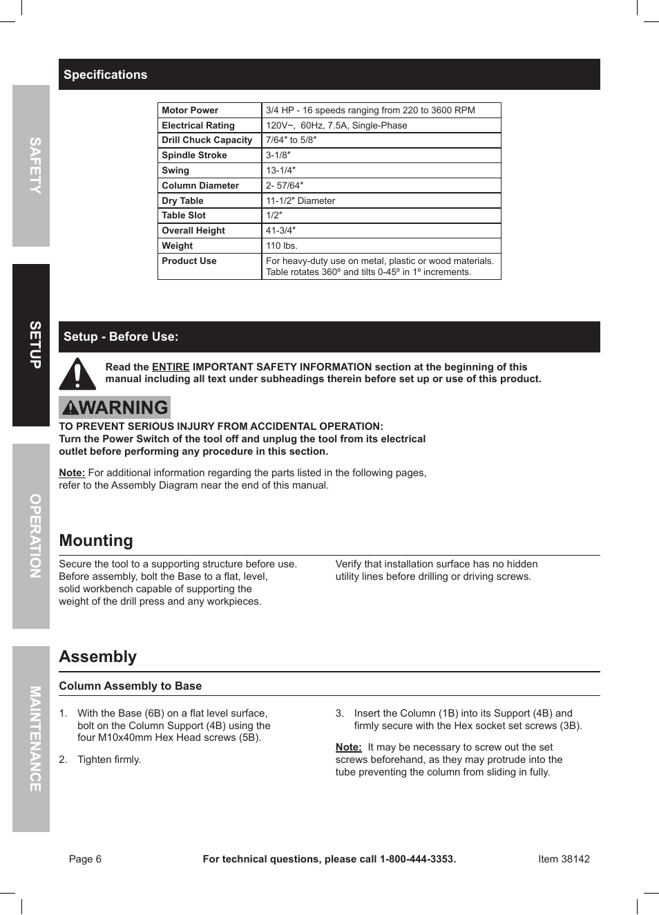 Mounting, Assembly, Safety opera tion maintenance setup | Harbor Freight Tools Central Machinery 13" Bench Drill Press 38142 User Manual | Page 6 / 16