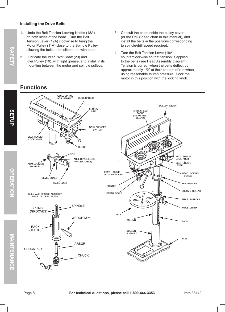 Functions, Safety opera tion maintenance setup | Harbor Freight Tools Central Machinery 13" Bench Drill Press 38142 User Manual | Page 8 / 16