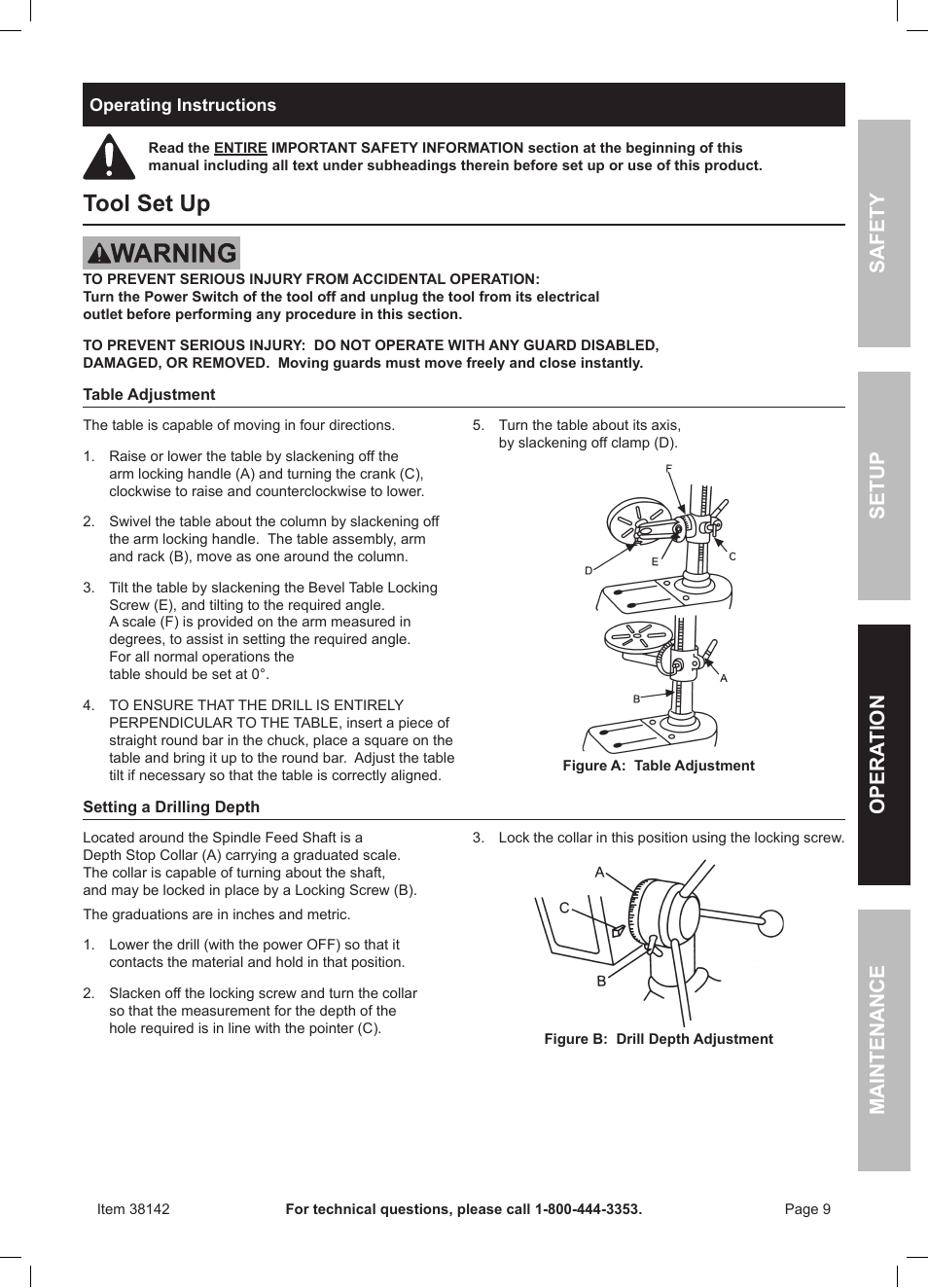 Tool set up, Safety opera tion maintenance setup | Harbor Freight Tools Central Machinery 13" Bench Drill Press 38142 User Manual | Page 9 / 16