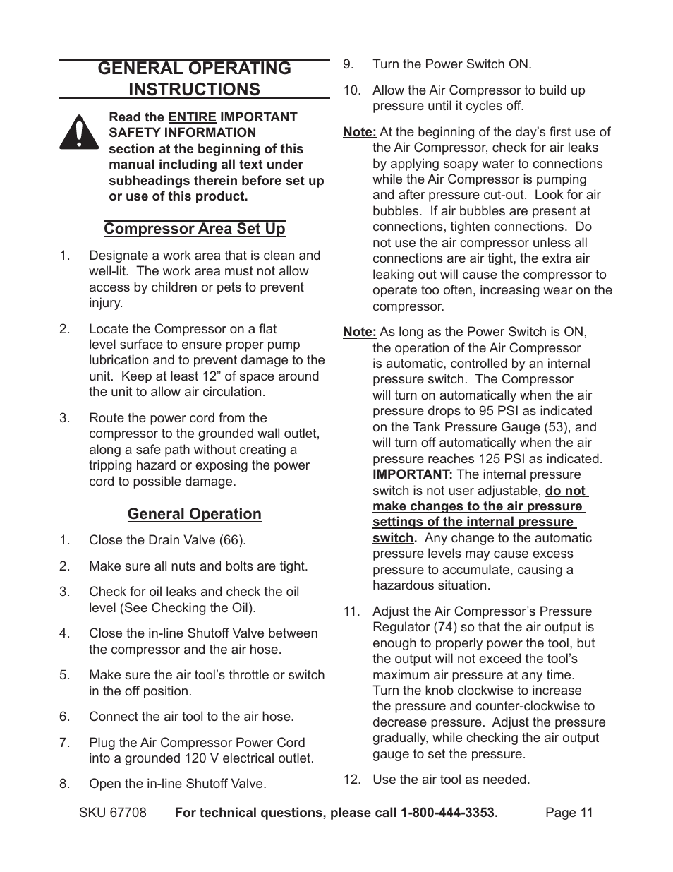 General operating instructions | Harbor Freight Tools Air Compressor 67708 User Manual | Page 11 / 20