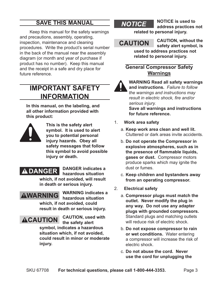 Important safety information, Save this manual | Harbor Freight Tools Air Compressor 67708 User Manual | Page 3 / 20