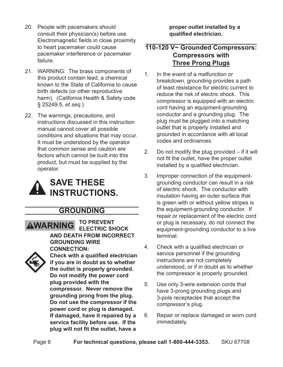 Save these instructions, Grounding | Harbor Freight Tools Air Compressor 67708 User Manual | Page 6 / 20