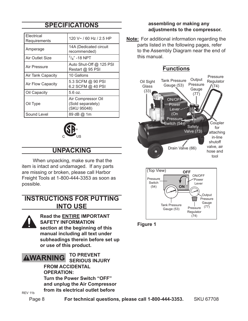 Specifications, Unpacking, Instructions for putting into use | Functions | Harbor Freight Tools Air Compressor 67708 User Manual | Page 8 / 20