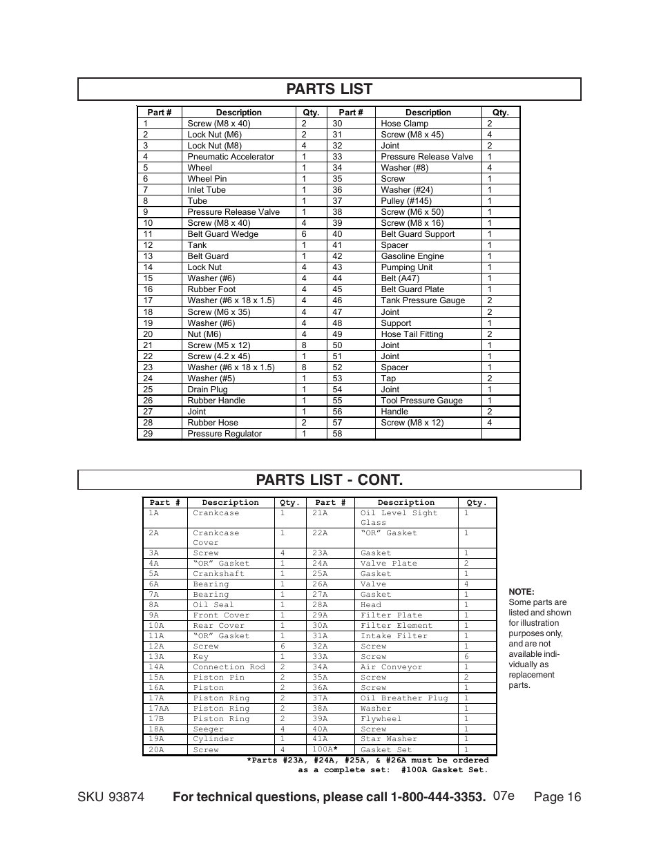 Parts list, Parts list - cont | Harbor Freight Tools 93874 User Manual | Page 16 / 19
