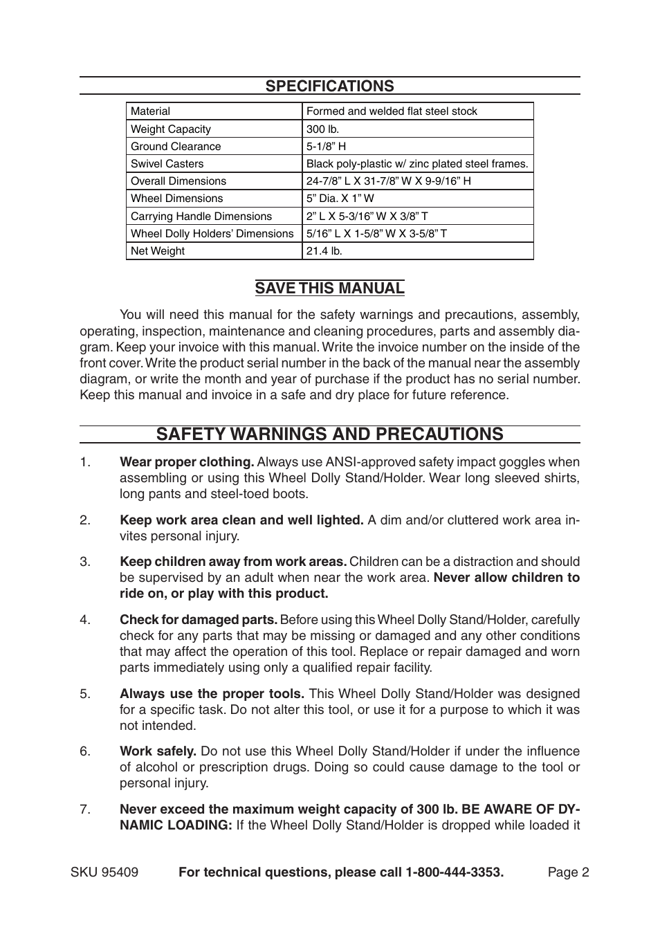 Safety warnings and precautions, Specifications, Save this manual | Harbor Freight Tools 95409 User Manual | Page 2 / 6