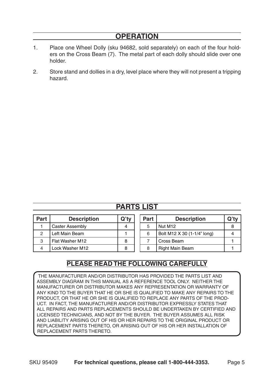 Parts list, Operation, Please read the following carefully | Harbor Freight Tools 95409 User Manual | Page 5 / 6