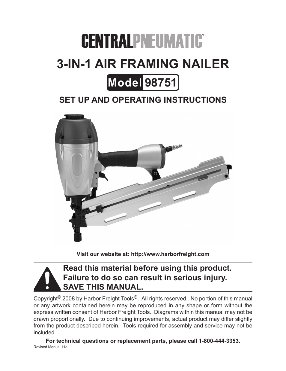 Harbor Freight Tools 3-IN-1 Air Framing Nailer 98751 User Manual | 18 pages