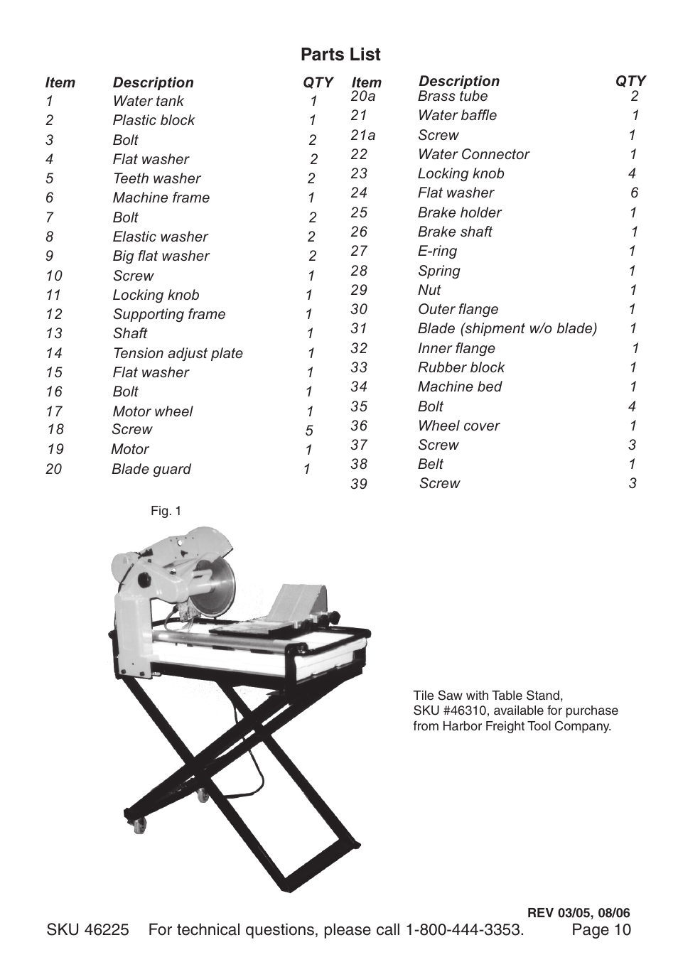 Parts list | Harbor Freight Tools 46225 User Manual | Page 10 / 12