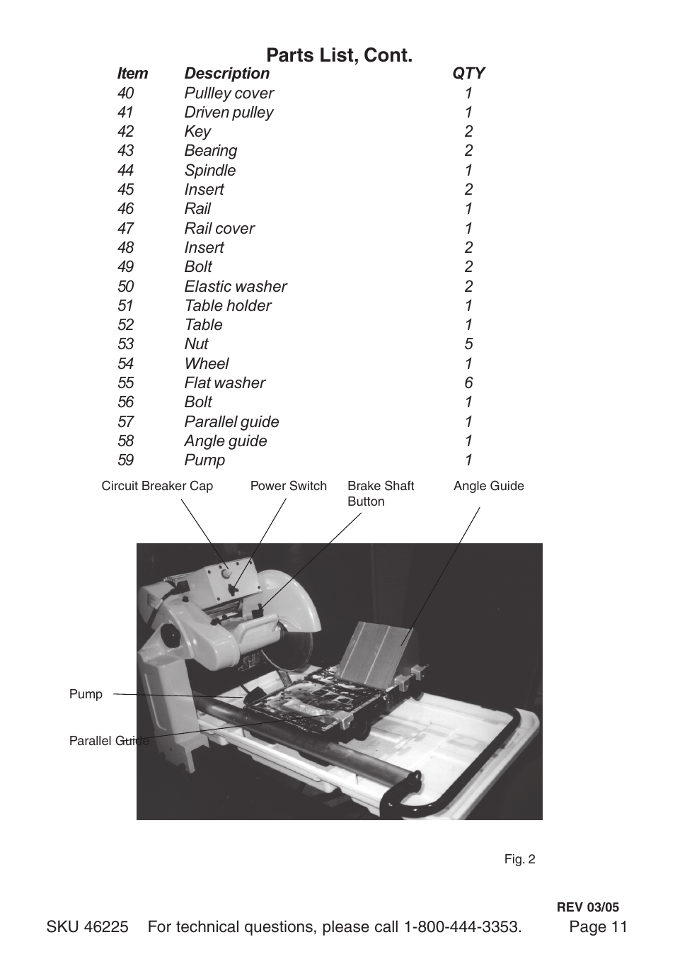 Parts list, cont | Harbor Freight Tools 46225 User Manual | Page 11 / 12