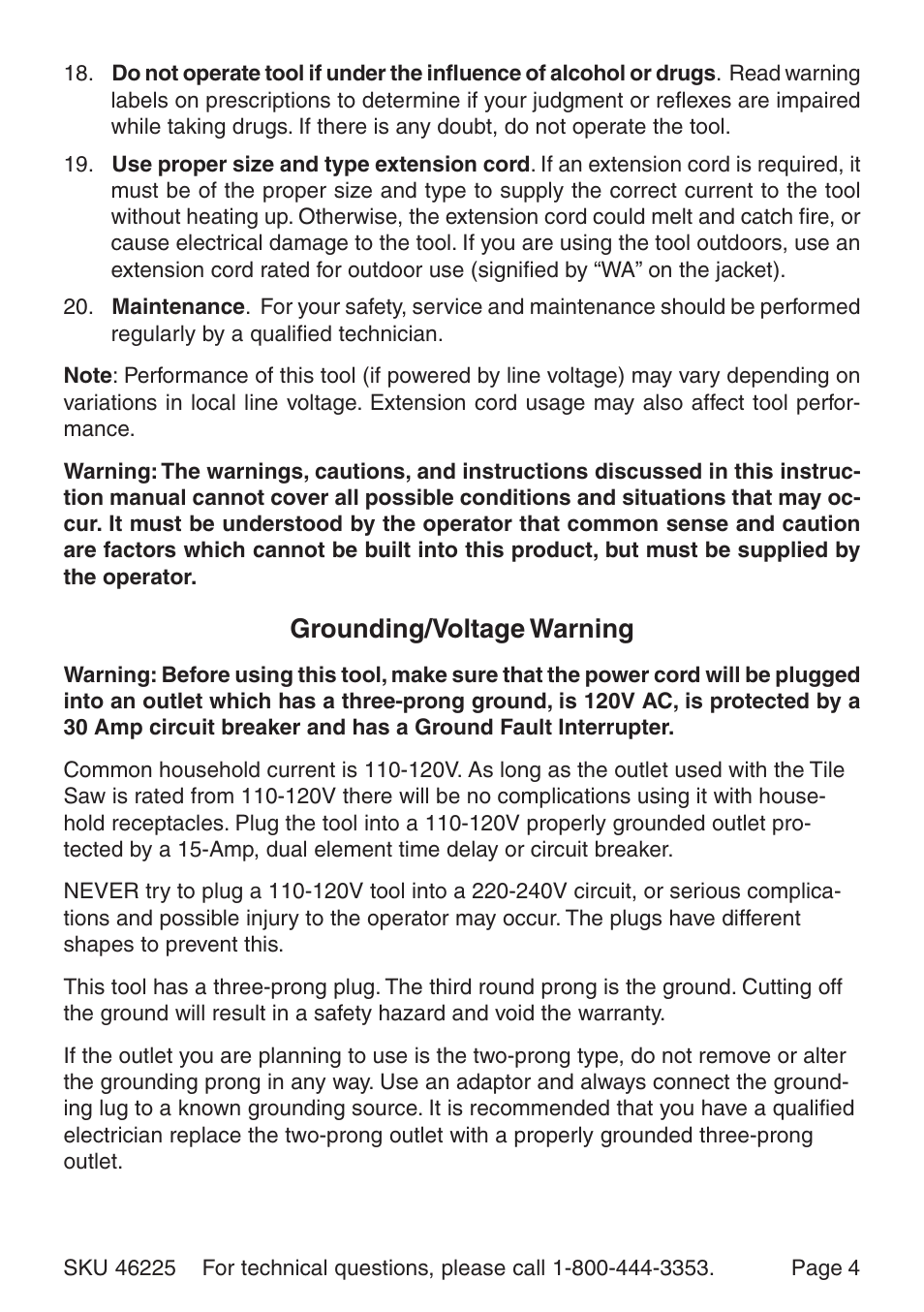 Grounding/voltage warning | Harbor Freight Tools 46225 User Manual | Page 4 / 12