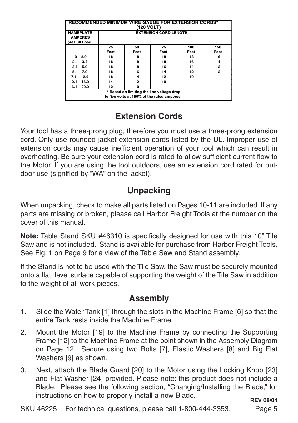 Extension cords, Unpacking, Assembly | Harbor Freight Tools 46225 User Manual | Page 5 / 12