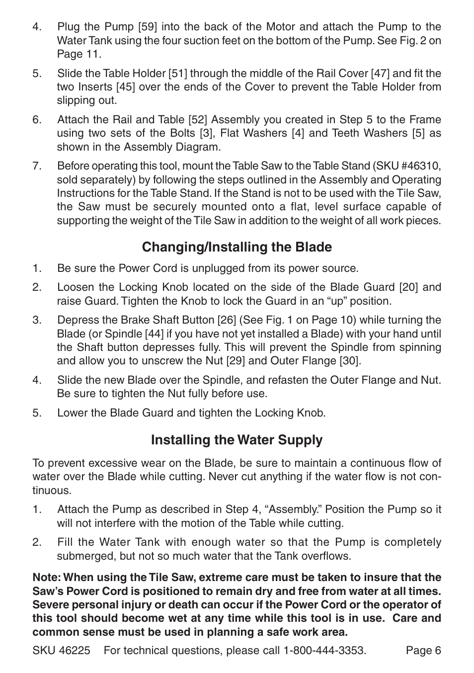 Changing/installing the blade, Installing the water supply | Harbor Freight Tools 46225 User Manual | Page 6 / 12