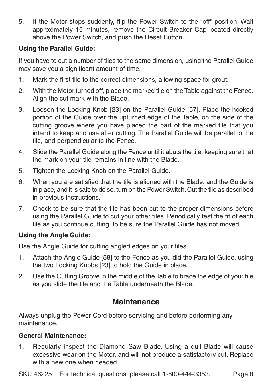 Maintenance | Harbor Freight Tools 46225 User Manual | Page 8 / 12