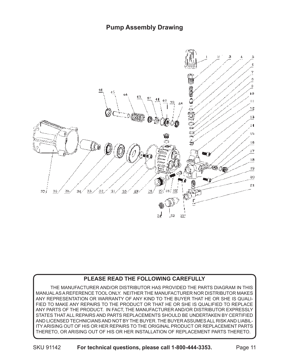 Pump assembly drawing | Harbor Freight Tools 91142 User Manual | Page 11 / 12