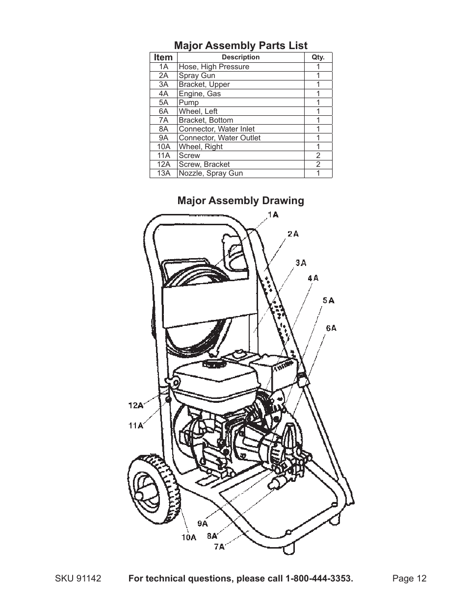 Major assembly parts list, Major assembly drawing | Harbor Freight Tools 91142 User Manual | Page 12 / 12