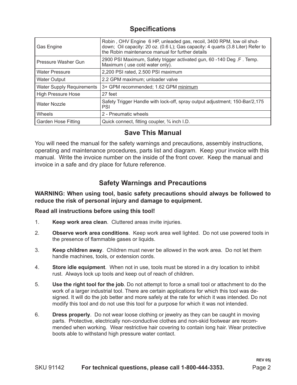 Specifications, Save this manual, Safety warnings and precautions | Harbor Freight Tools 91142 User Manual | Page 2 / 12