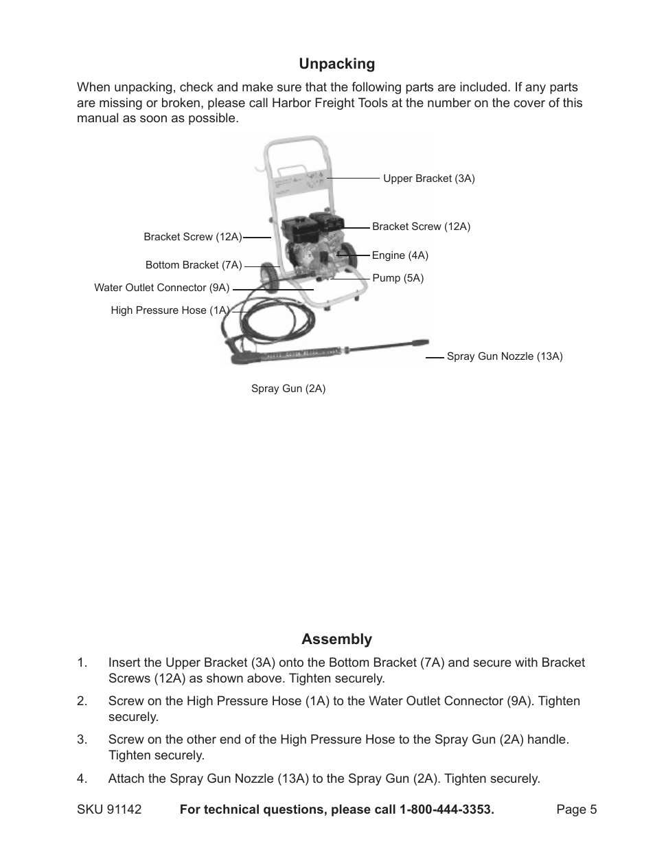 Unpacking, Assembly | Harbor Freight Tools 91142 User Manual | Page 5 / 12