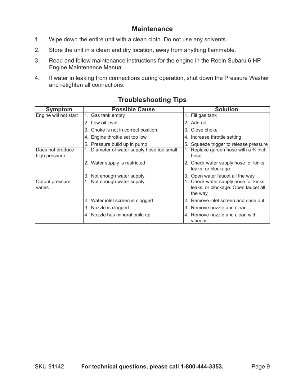 Maintenance, Troubleshooting tips | Harbor Freight Tools 91142 User Manual | Page 9 / 12