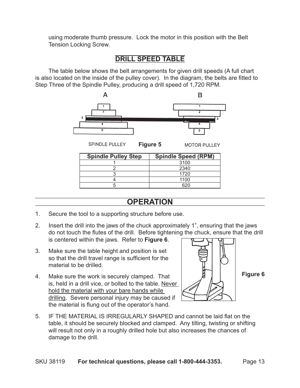 Operation, Drill speed table | Harbor Freight Tools 38119 User Manual | Page 13 / 19