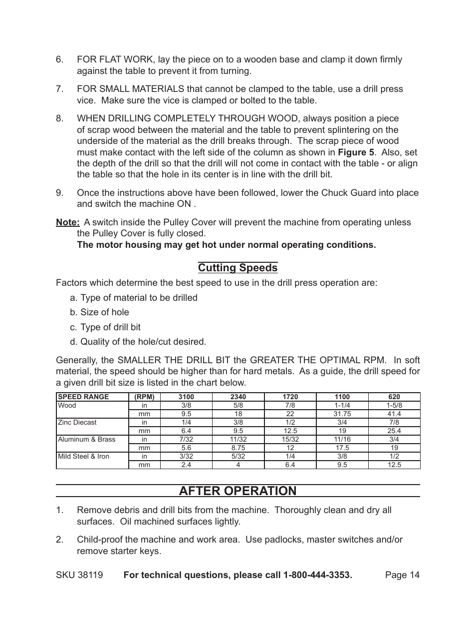 After operation, Cutting speeds | Harbor Freight Tools 38119 User Manual | Page 14 / 19